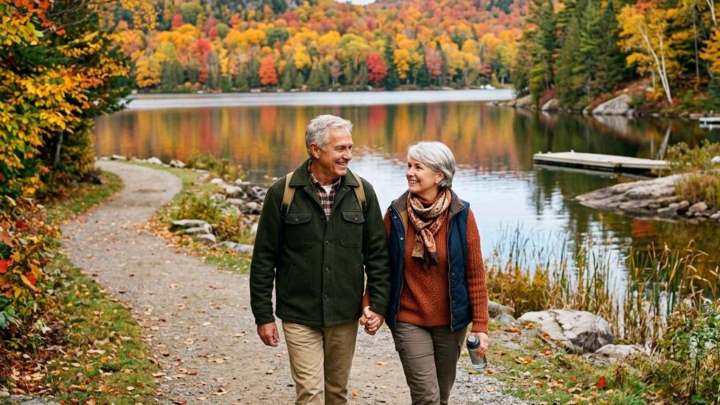 Older couple walking hand in hand on a lakeside trail surrounded by colorful fall foliage